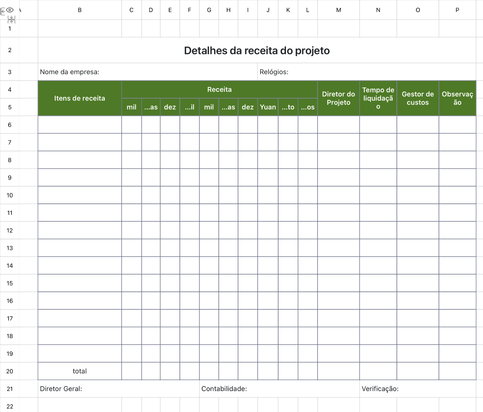 Detalhes da receita do projeto
